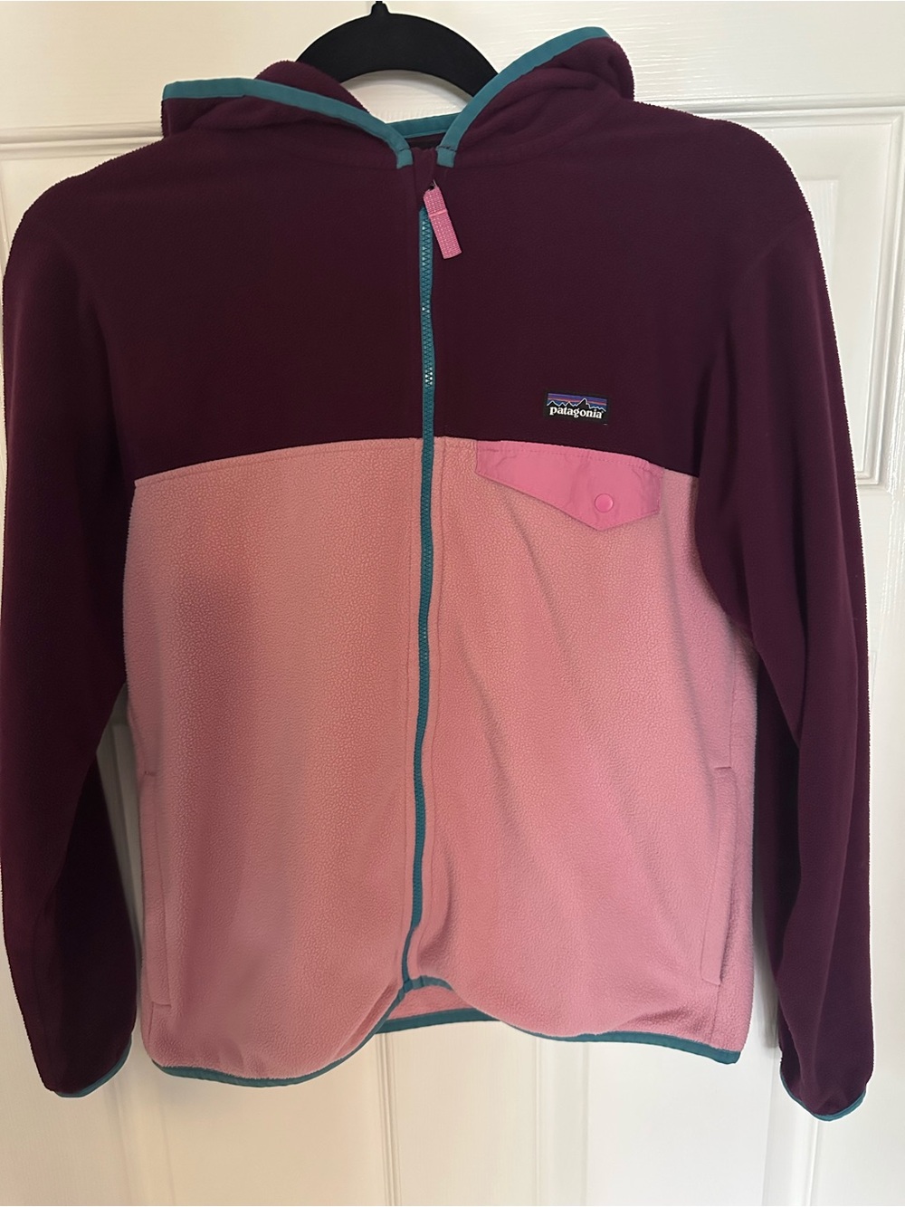 Patagonia Kids Micro D-Snap Pink & Burgundy Hooded Fleece Jacket Size 14